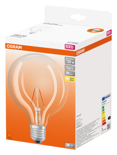 Entdecken Sie die OSRAM LED-Lampe Retrofit Classic Globe E27 2.5W 250lm in warmweiß. Energieeffizient, sofort hell und ideal für stilvolle Beleuchtung in jedem Raum.