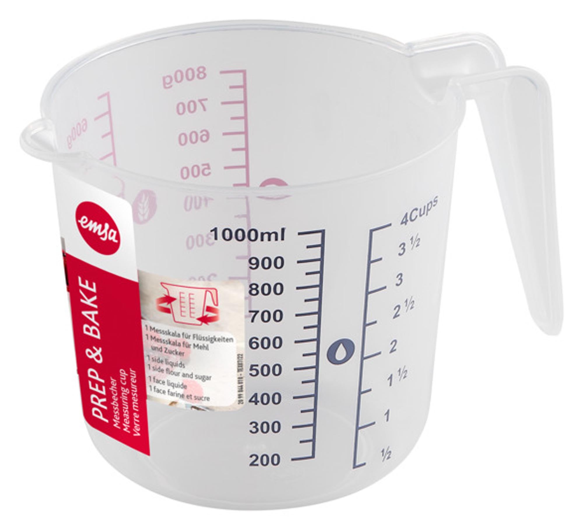 EMSA Messbecher 1L: BPA-frei, bruchsicher, doppelte Skalierung, ergonomisch, spülmaschinenfest. Perfekt für Backen & Kochen.