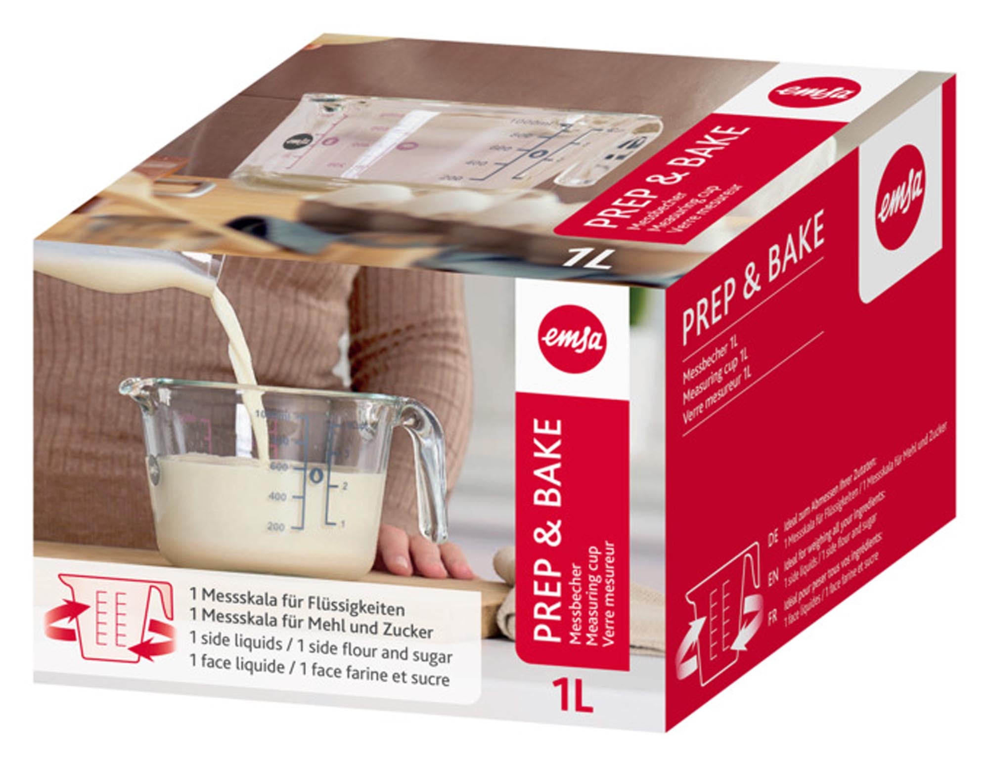 Der EMSA Messbecher Glas Prep&Bake 1 l: Präzision, Qualität und Design aus hitzebeständigem Borosilikatglas. Perfekt für Küche und Backen.