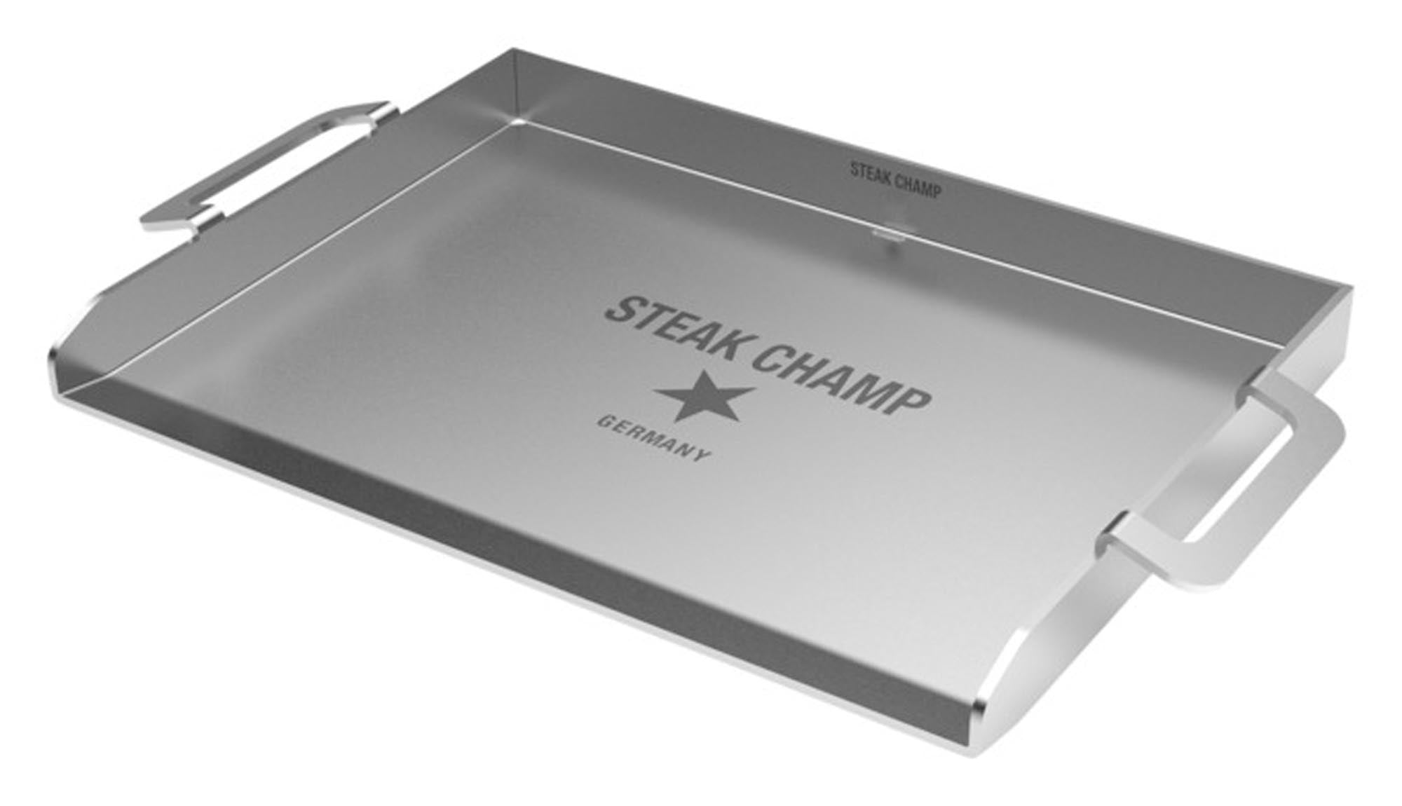 Entdecken Sie die STEAK CHAMP Plancha Grillplatte 38 x 28 cm – ideal für Grillliebhaber! Hochwertiges Gusseisen, perfekte Wärmeleitung, vielseitig einsetzbar.