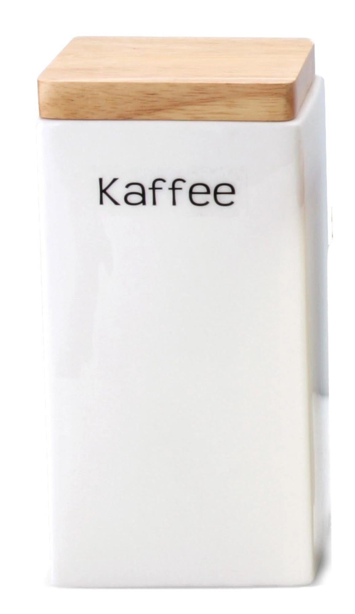 Quadratische Keramikdose (800ml) mit luftdichtem Holzdeckel, ideal für die Aufbewahrung von Lebensmitteln. Inkl. Aufkleber.