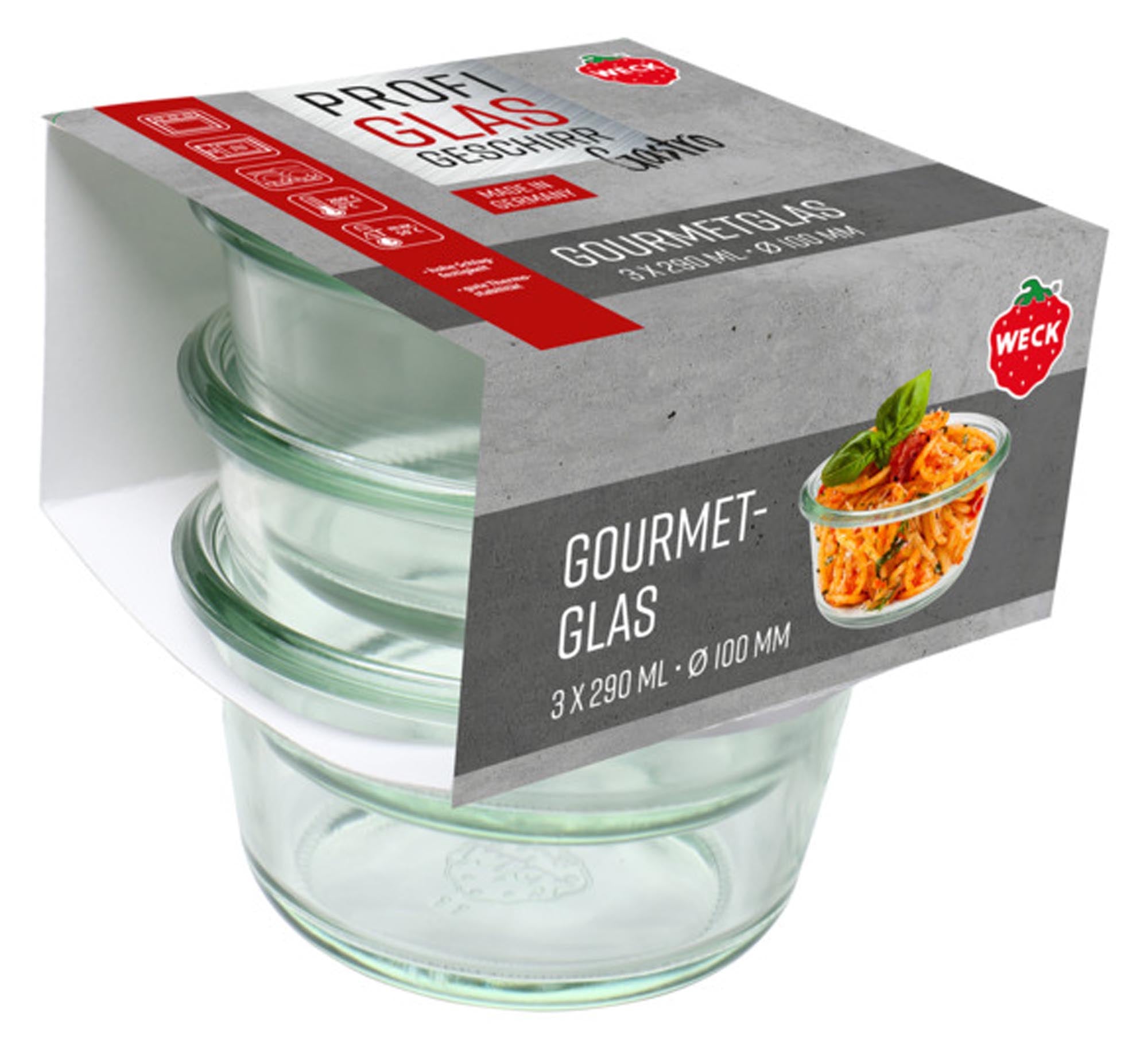 Entdecken Sie die WECK Gourmetgläser Gastropack ohne Deckel (3x290ml) – ideal für Marmeladen, Saucen und Desserts. Hochwertiges Glas, elegantes Design!