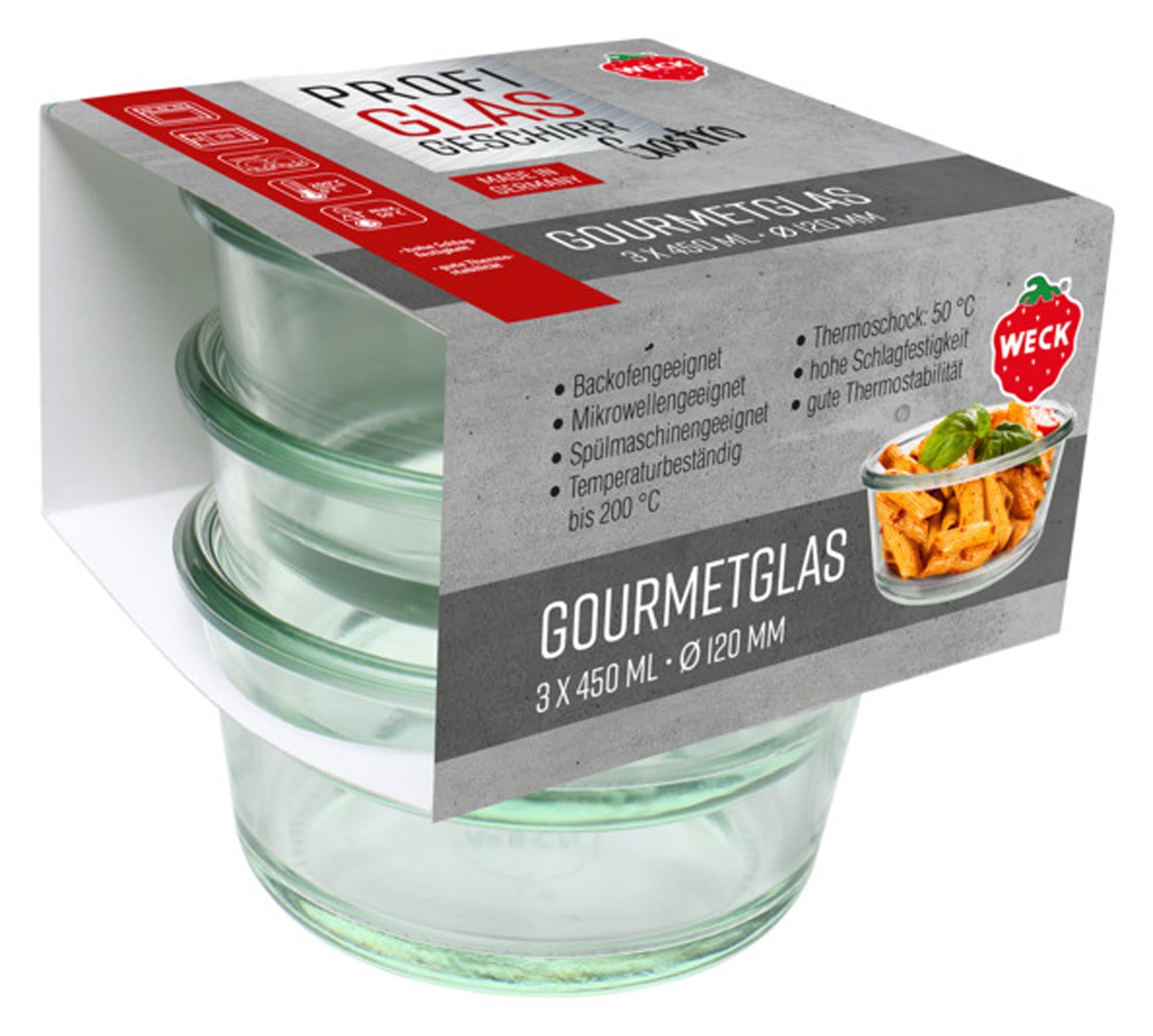 Entdecken Sie die WECK Gourmetgläser Gastropack ohne Deckel (3x450ml) – ideal für Marmeladen, Gelees und mehr. Hochwertiges, hitzebeständiges Glas, spülmaschinenfest und stilvoll.