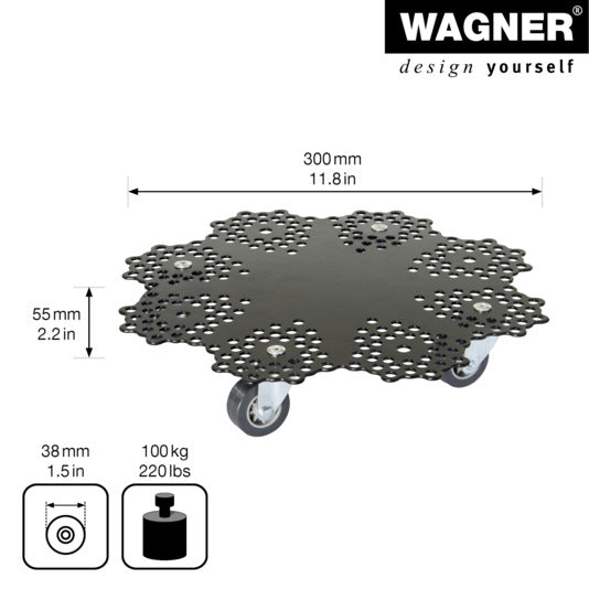 Entdecken Sie den WAGNER Rolluntersetzer ø 300 mm GH0949 aus robustem Stahl in elegantem schwarz matt – ideal für die mobile Präsentation Ihrer Pflanzen.