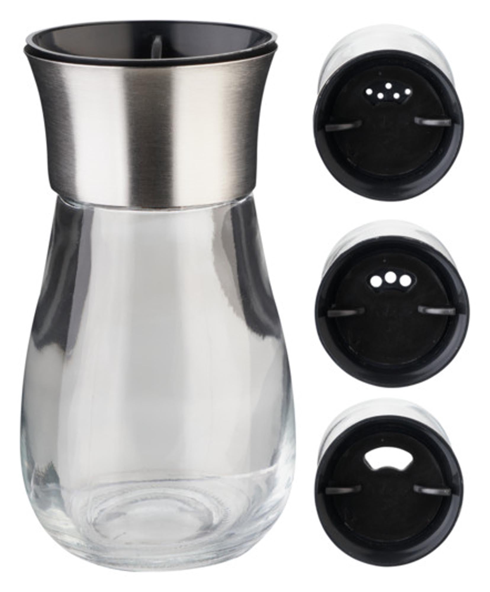 EVA Multistreuer aus Glas und Edelstahl, 100 ml, präzise Dosierung, verschiedene Lochgrößen, ideal für Gewürze, Zucker und Kakao.