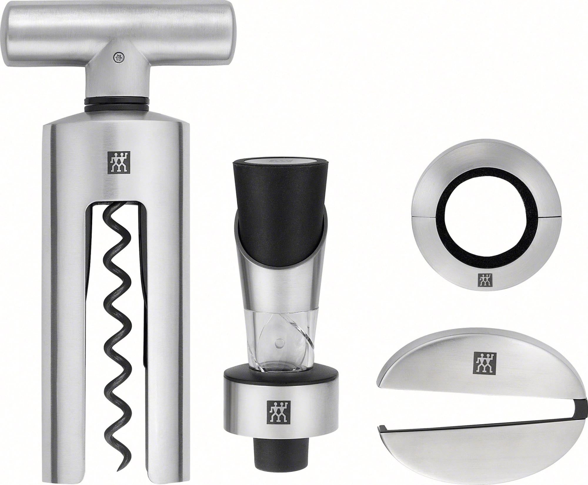 Entdecken Sie das 4-teilige Sommelier-Set von Zwilling: Flaschenöffner, Korkenzieher, Flaschenstopfer und Reinigungsbürste für Weinliebhaber.