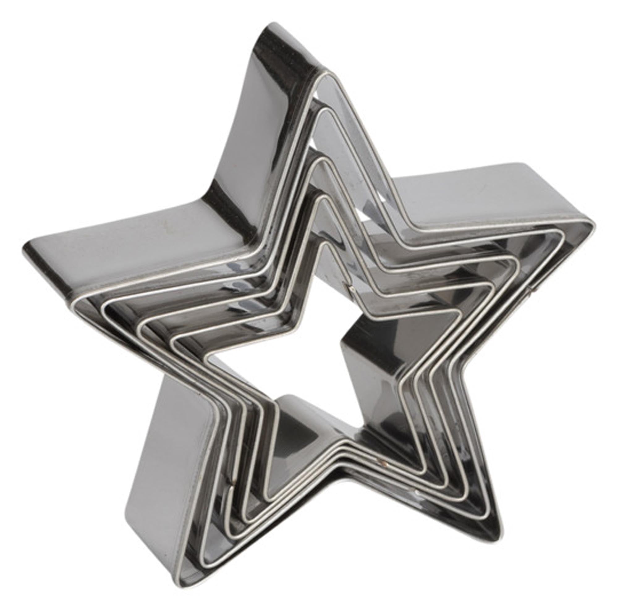 Hochwertige Edelstahl-Stern-Ausstechformen von PATISSE: 5 Grössen für kreative, festliche Backkreationen. Langlebig, rostfrei, spülmaschinenfest.