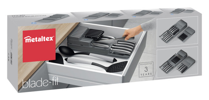 Der METALTEX Messer-Organizer Blade-Fit in grau/anthrazit bietet eine flexible und sichere Aufbewahrungslösung für Ihre Küchenmesser. Mit verstellbaren Ebenen und rutschfesten Füßen ist er ideal für jede Küche.