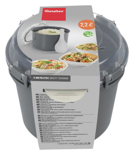 Entdecken Sie den METALTEX Reis- und Getreidekocher für die Mikrowelle – ideal für schnelle, gesunde Mahlzeiten. BPA-frei und vielseitig einsetzbar!