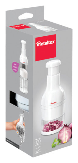 Entdecken Sie den METALTEX Zwiebelhacker Twist in Weiß – Ihr effizienter Küchenhelfer für schnelles Zerkleinern von Zwiebeln, Gemüse und mehr!