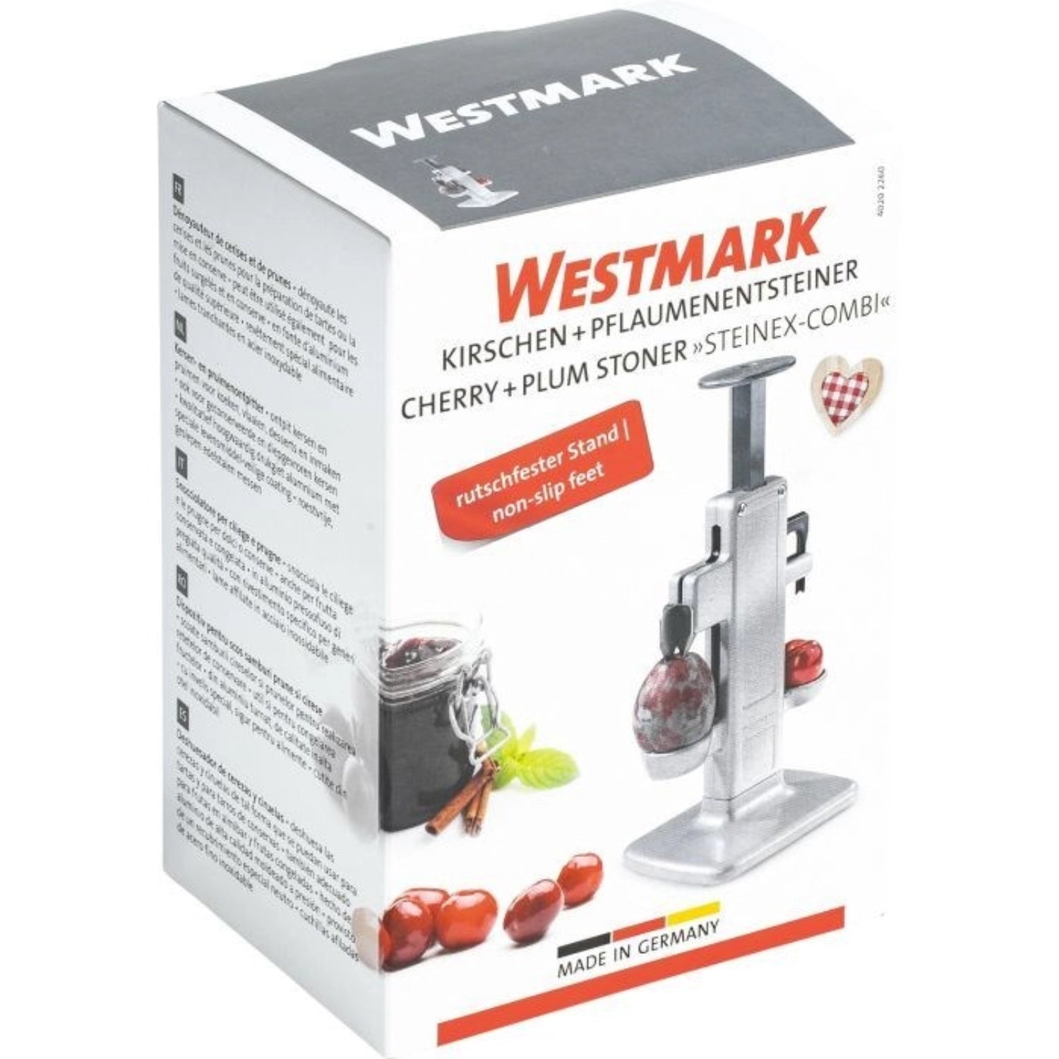 Praktischer Kirschen- und Pflaumenentsteiner Steinex-Combi von Westmark, ideal für schnelles und einfaches Entkernen in der Küche.