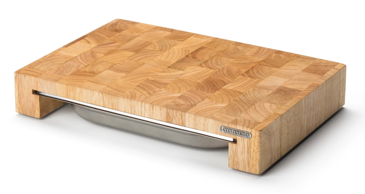 Elegantes Stirnholz Schneidebrett mit praktischer Edelstahl Schublade, 39x27x6 cm, perfekt für kreative Küchenarbeiten und stilvolles Servieren.