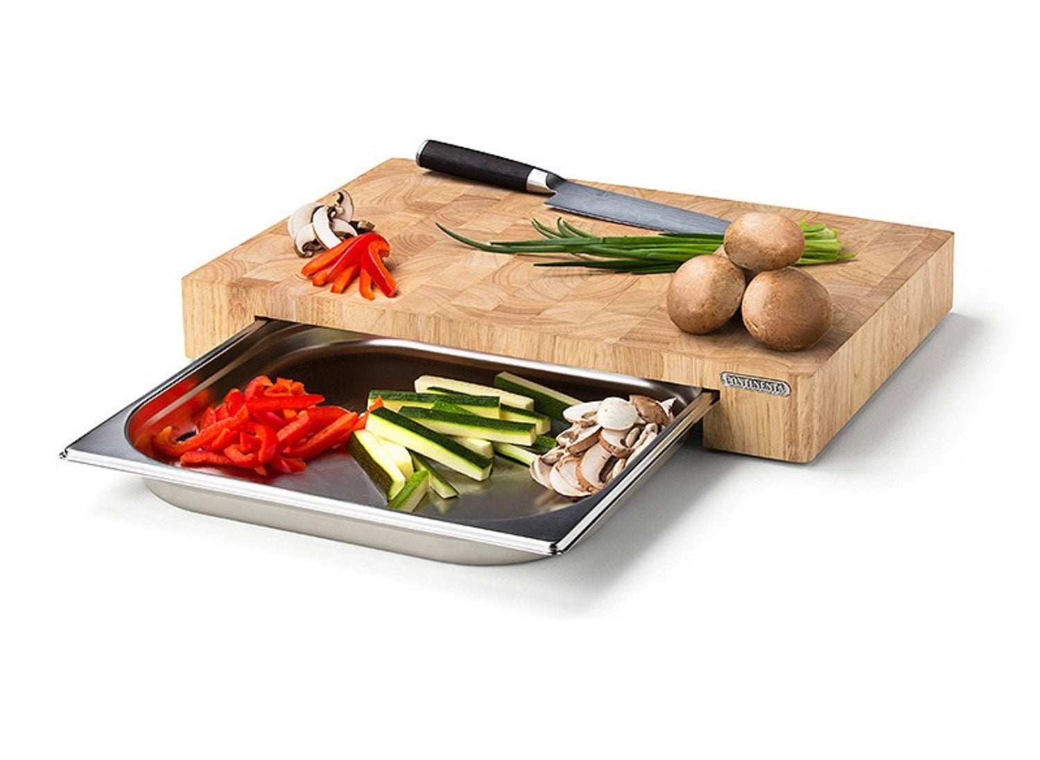 Stirnholz Schneidebrett mit Edelstahl Schublade, 39x27x6 cm, ideal für die Küche, robust und stilvoll für alle Schneidarbeiten.