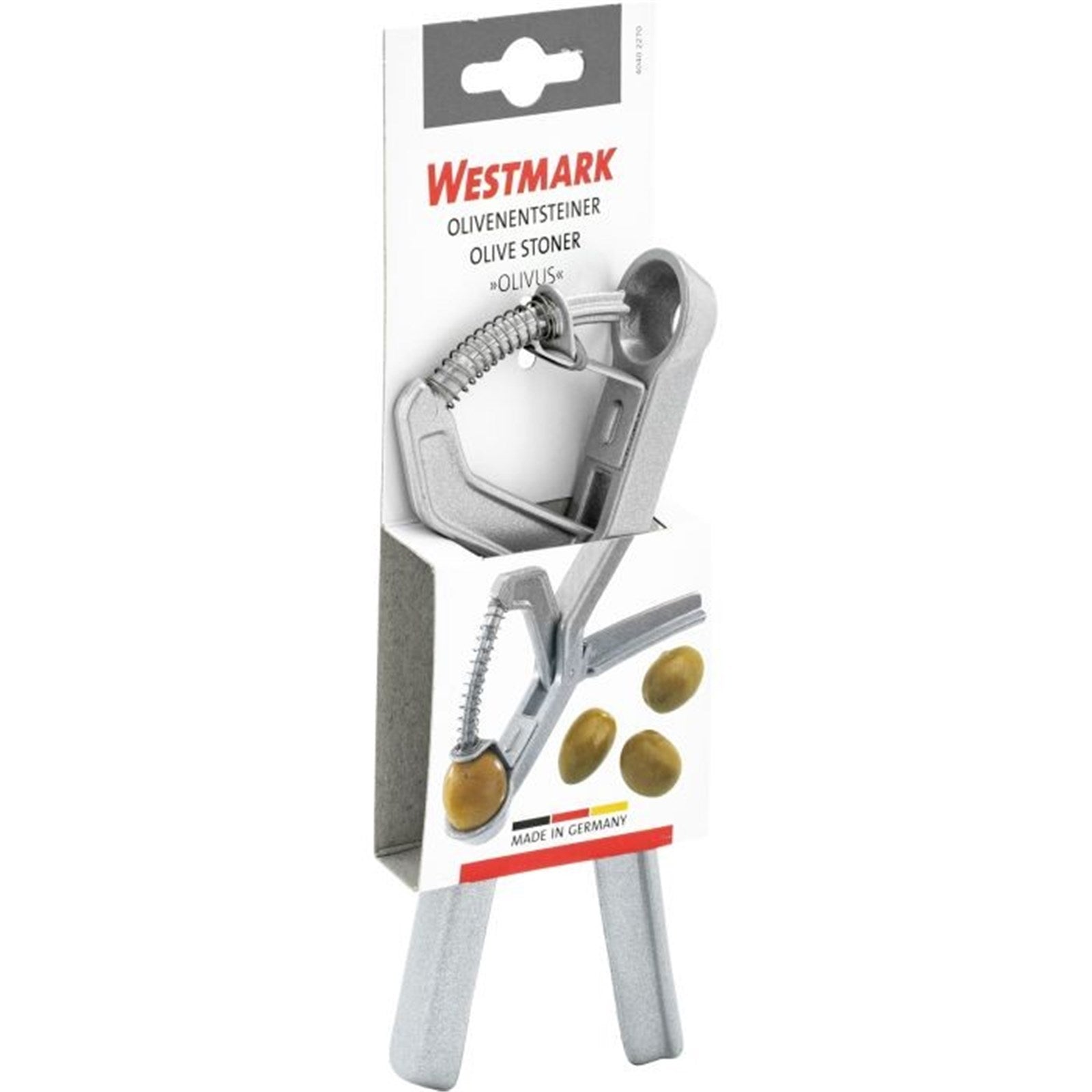Effizienter Olivenentsteiner von Westmark, 17.5x5x1cm, perfekt für müheloses Entfernen von Olivenkernen in Sekunden.