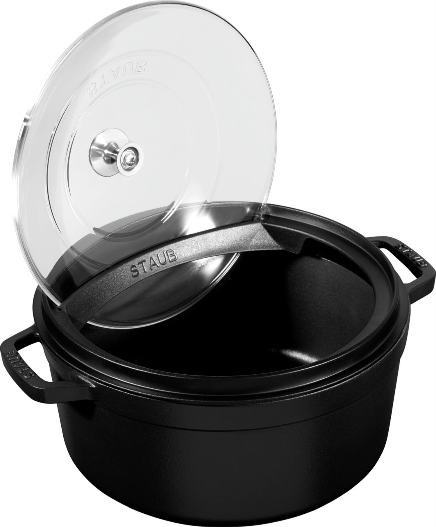 Eleganter Glasdeckel mit Halterung für Cocotte, 26 cm, von Staub. Perfekt für das Sichtkochen und das stilvolle Präsentieren von Gerichten.