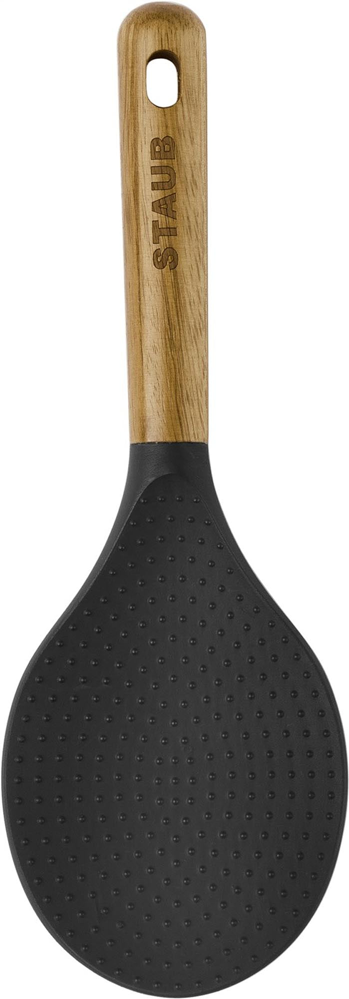 Eleganter Reislöffel aus Akazie mit Silikon, 22 cm lang, ideal zum Servieren von Reis und anderen Beilagen, perfekt für die moderne Küche.