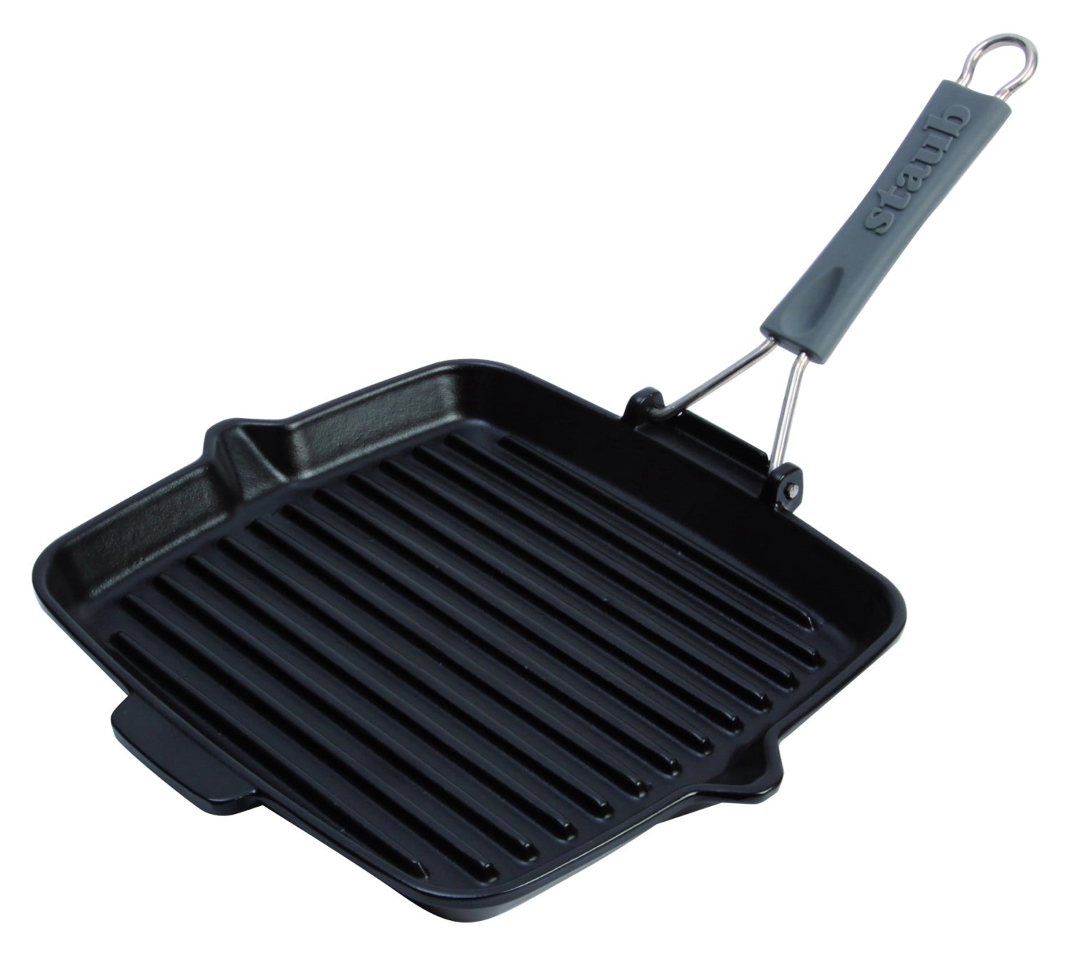 Quadratische Grillpfanne aus hochwertigem Gusseisen von Staub, ideal für schmackhafte Grillgerichte und gleichmäßige Hitzeverteilung.
