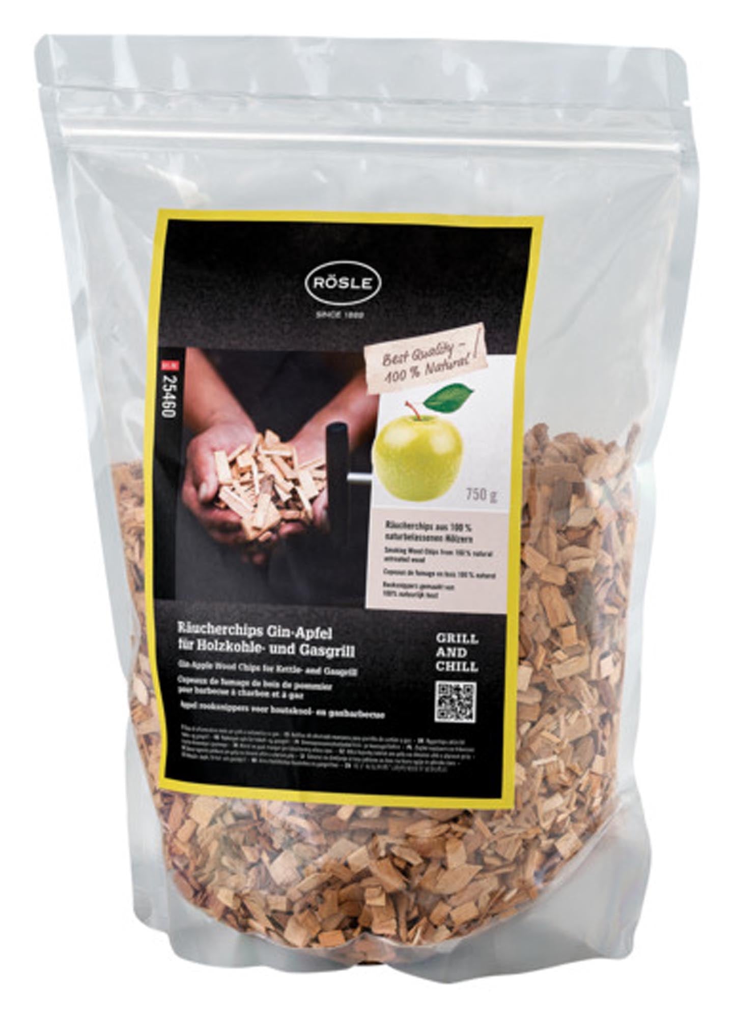 Entdecken Sie die RÖSLE Räucherchips Gin Apfel für ein einzigartiges Grillvergnügen. Verleihen Sie Fleisch, Fisch und Gemüse ein fruchtiges Aroma!
