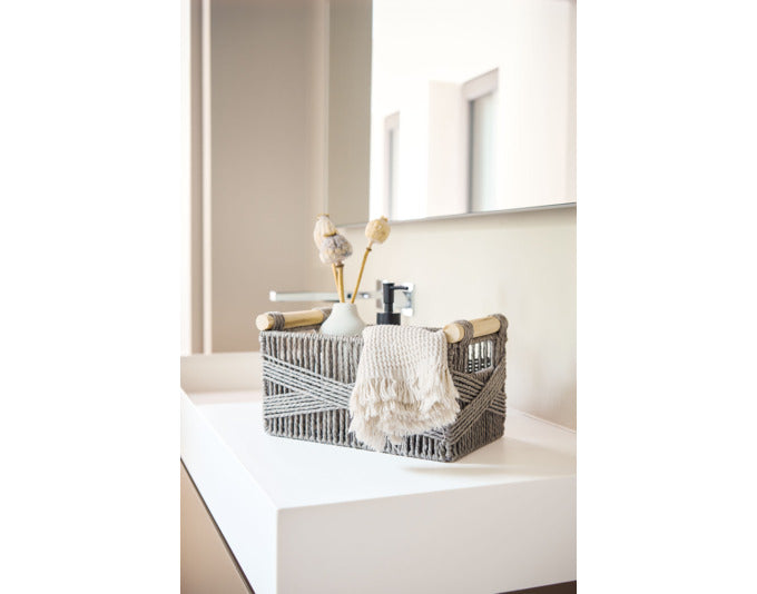 Stilvoller Aufbewahrungskorb aus Papiergeflecht und Holz, 34x22x18 cm, ideal für Regale und Schränke, vereint Eleganz und Funktionalität.