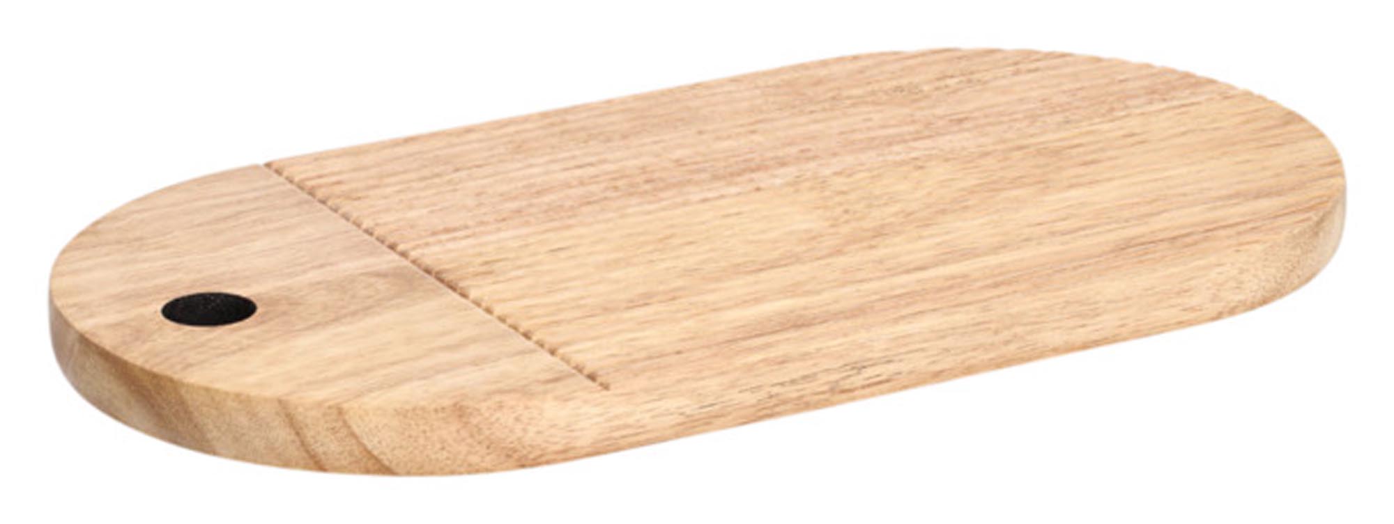 Elegantes Schneidebrett aus robustem Gummibaumholz, 50.8x16x2 cm, mit Griffen und Streifen-Design, ideal für alle Schneidarbeiten.