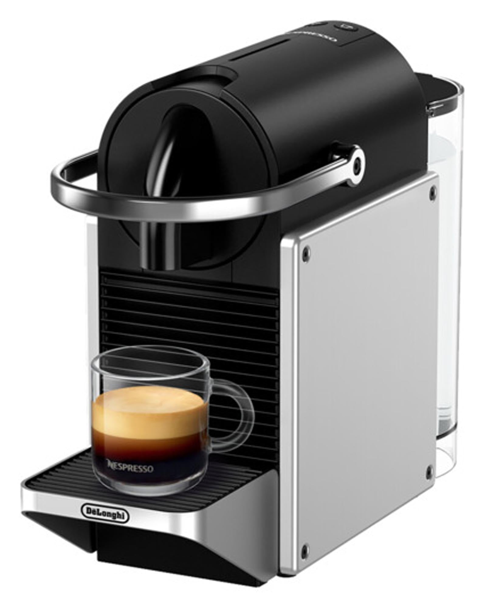 Entdecken Sie die DELONGHI Nespresso Pixie Kaffeemaschine in Silber – kompakt, energieeffizient und ideal für köstlichen Espresso und Lungo.