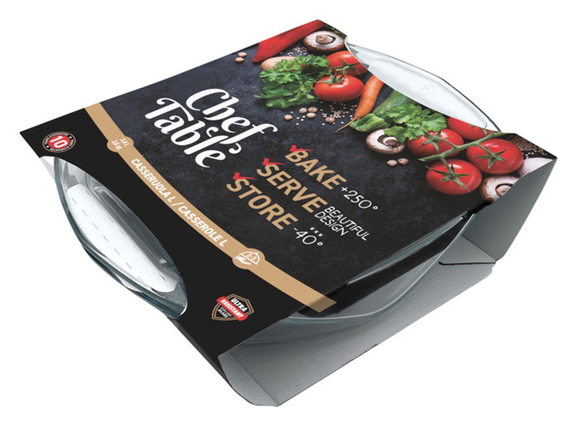 Vielseitige Kasserolle 31x25x10 cm von CHEF TABLE: Hochwertig, hitzebeständig, ideal für alle Kochtechniken. Glasdeckel für effizientes Garen.