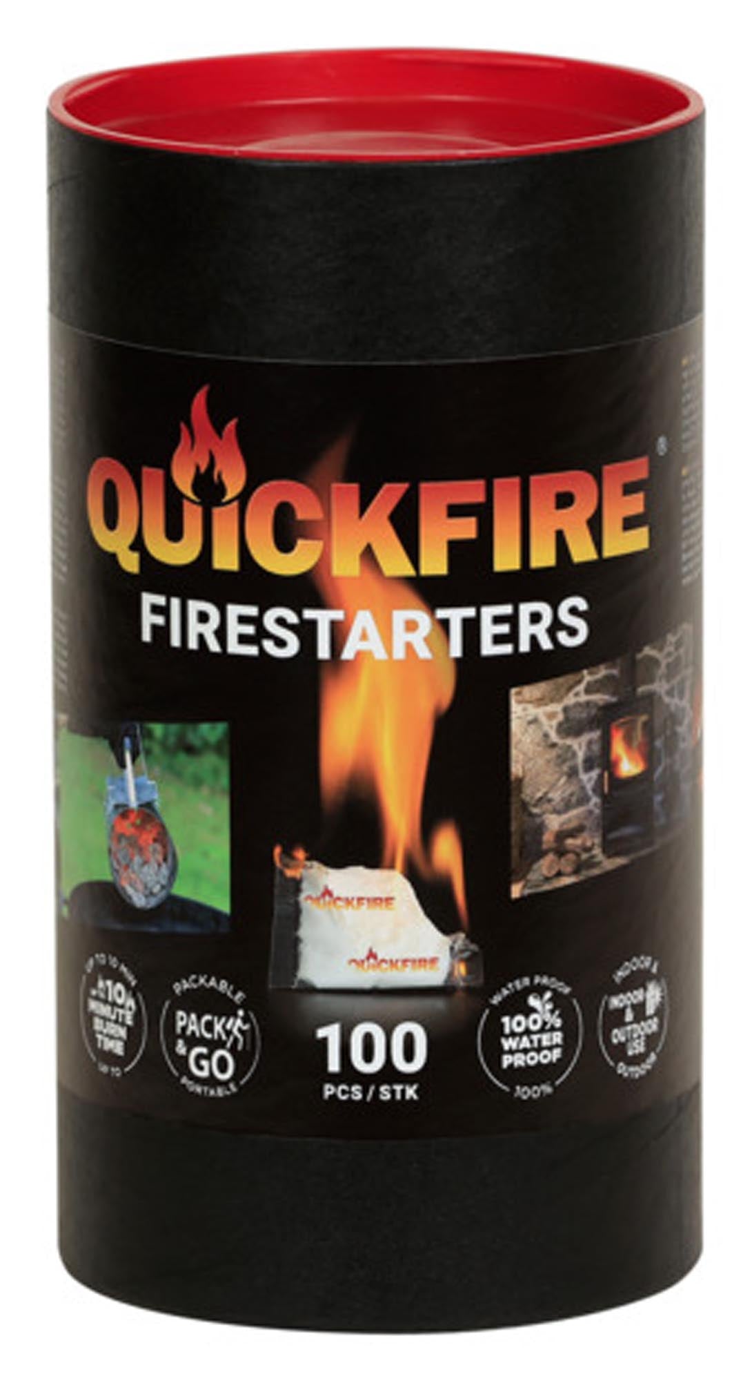 Sichere Quickfire Feueranzünder für Kamin, Ofen und Grill. 100 Zündbeutel à 7g, rauchfrei, langlebig und ideal für jedes Abenteuer.