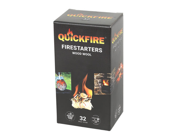 Entzünden Sie Kamin, Ofen und Grill umweltfreundlich mit QUICKFIRE Feueranzündern aus Holzwolle. 32 Stück für effizientes Feuermachen!