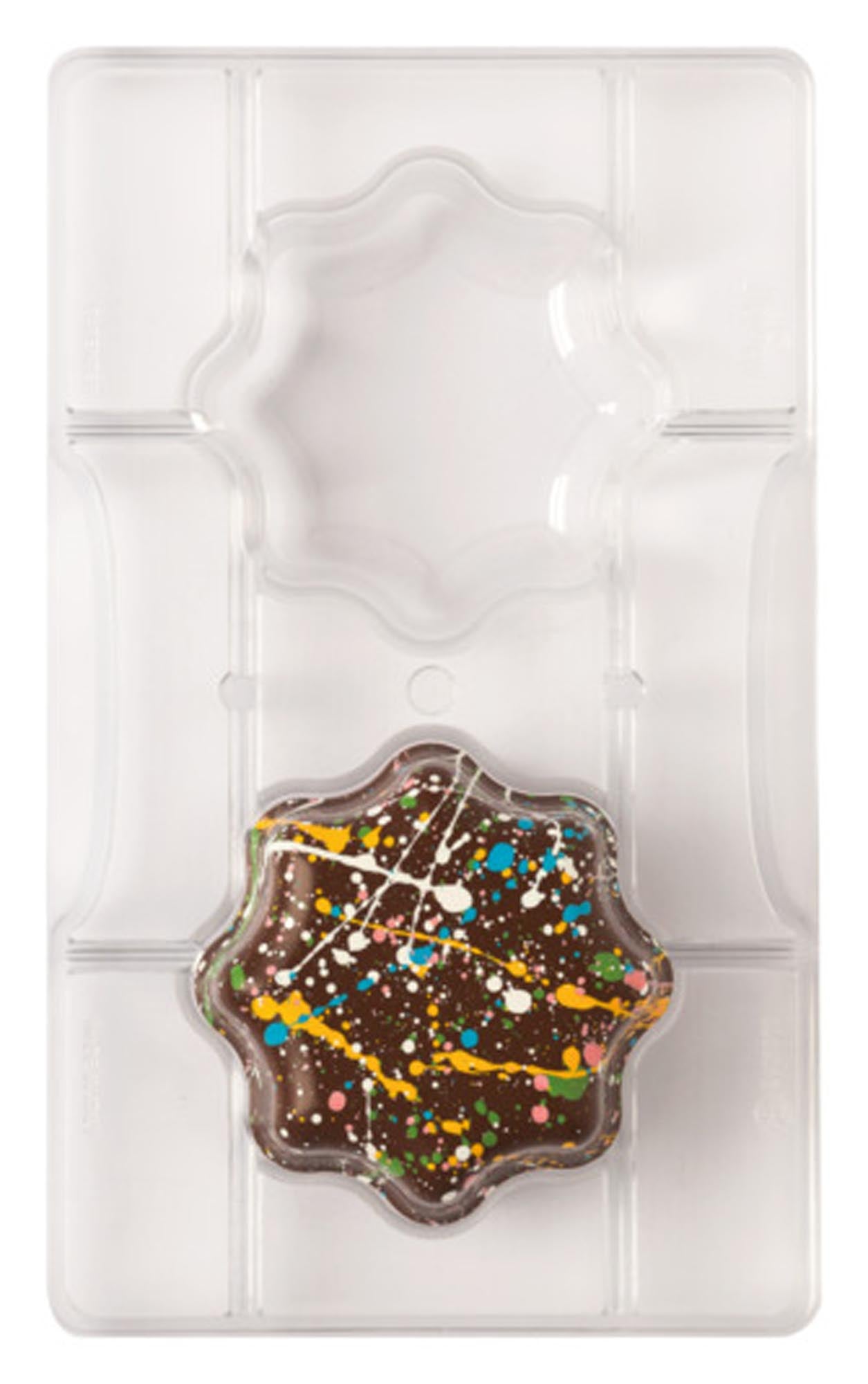 Entdecken Sie die DECORA Profi-Pralinen-Schokoladenform für große Blumen (ø 7,5 cm) aus flexiblem Silikon. Ideal für kreative Pralinenfüllungen!