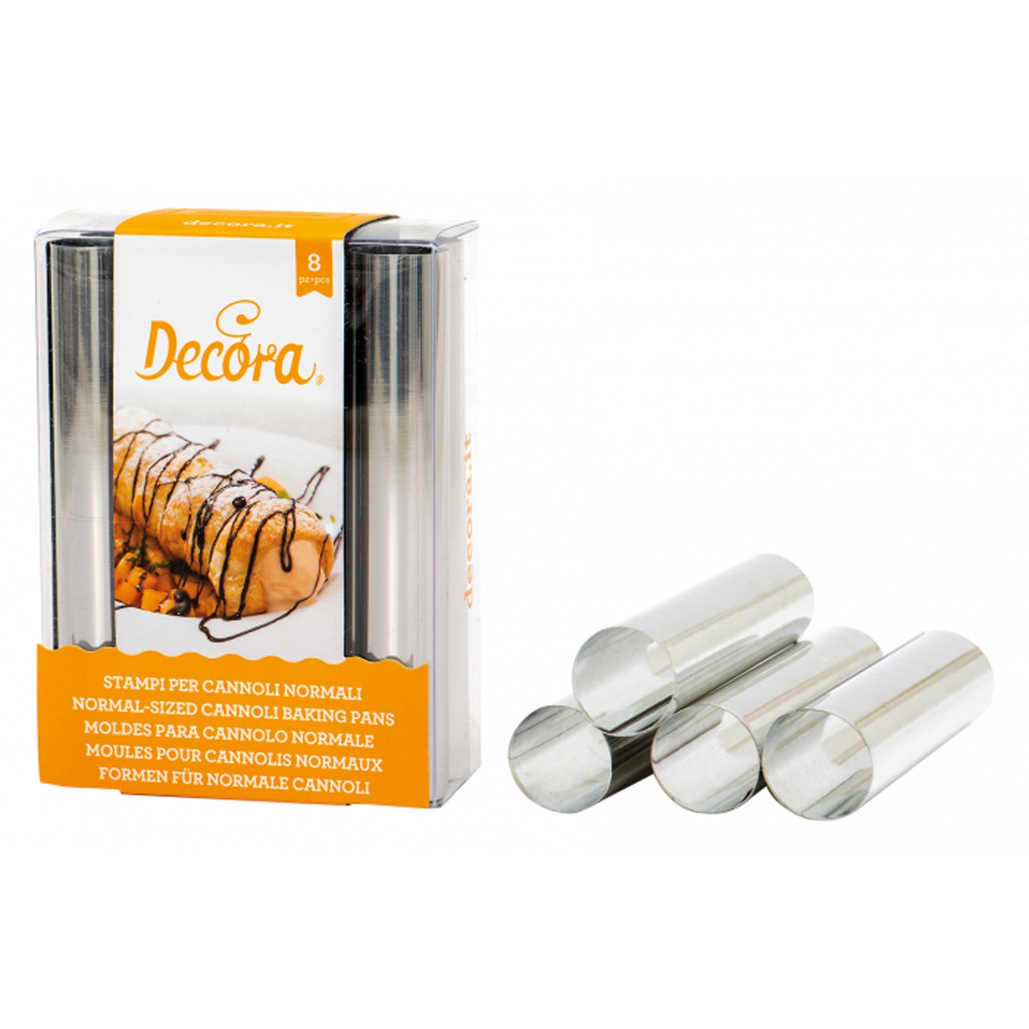 Mini Cannoli-Förmchen von DECORA: Perfekt für knusprige, kleine Cannoli. Robust, langlebig, ideal für kreative Füllungen. 10 Stück pro Packung.