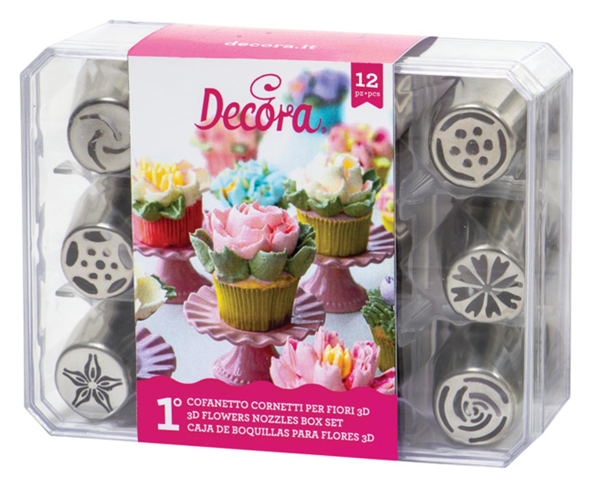 Entdecken Sie die DECORA Spritztüllen-Box Blumen 3D Set mit 12 Edelstahl-Tüllen. Perfekt für kreative Backideen, langlebig und spülmaschinenfest!