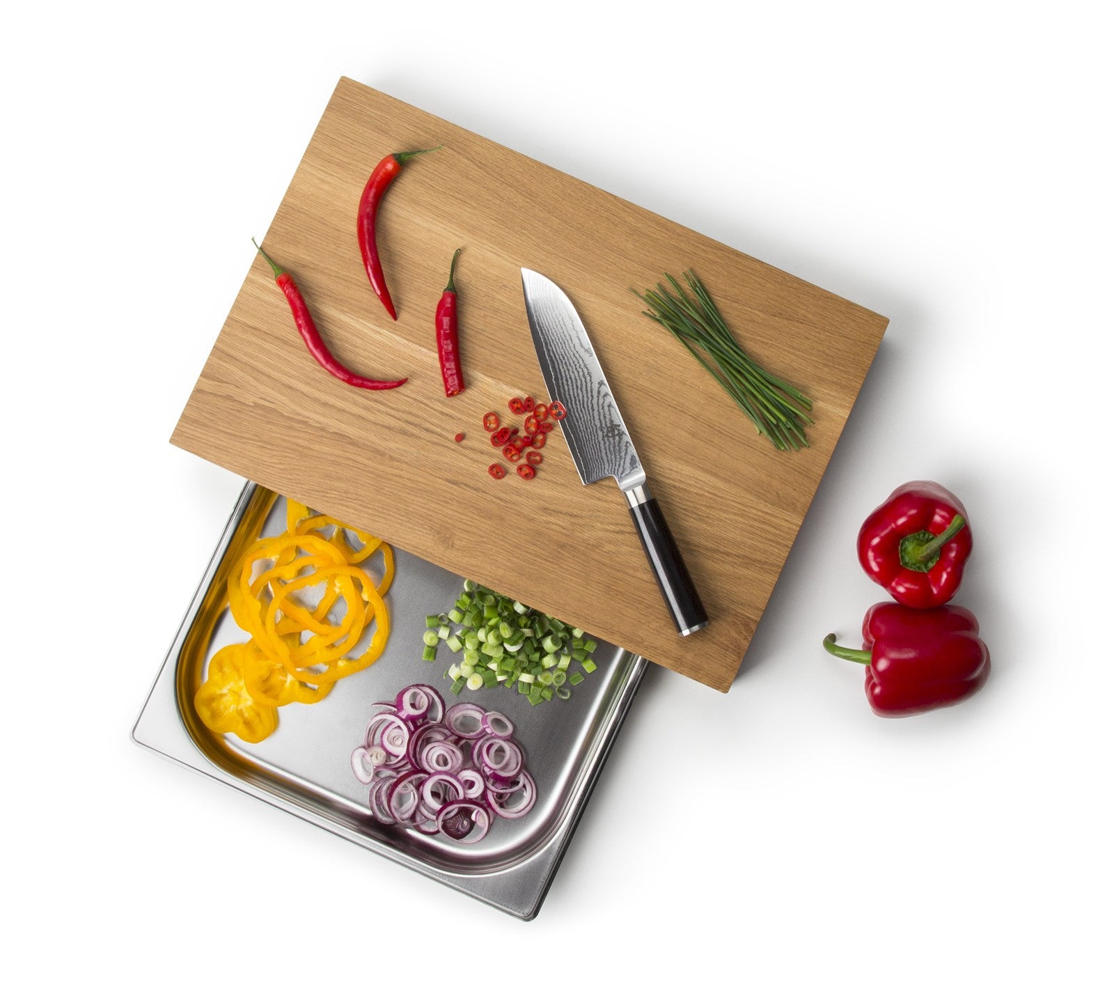 Elegantes Eiche Schneidebrett mit integrierter Edelstahl Schublade – ideal für effizientes Kochen und stilvolle Küchenorganisation.