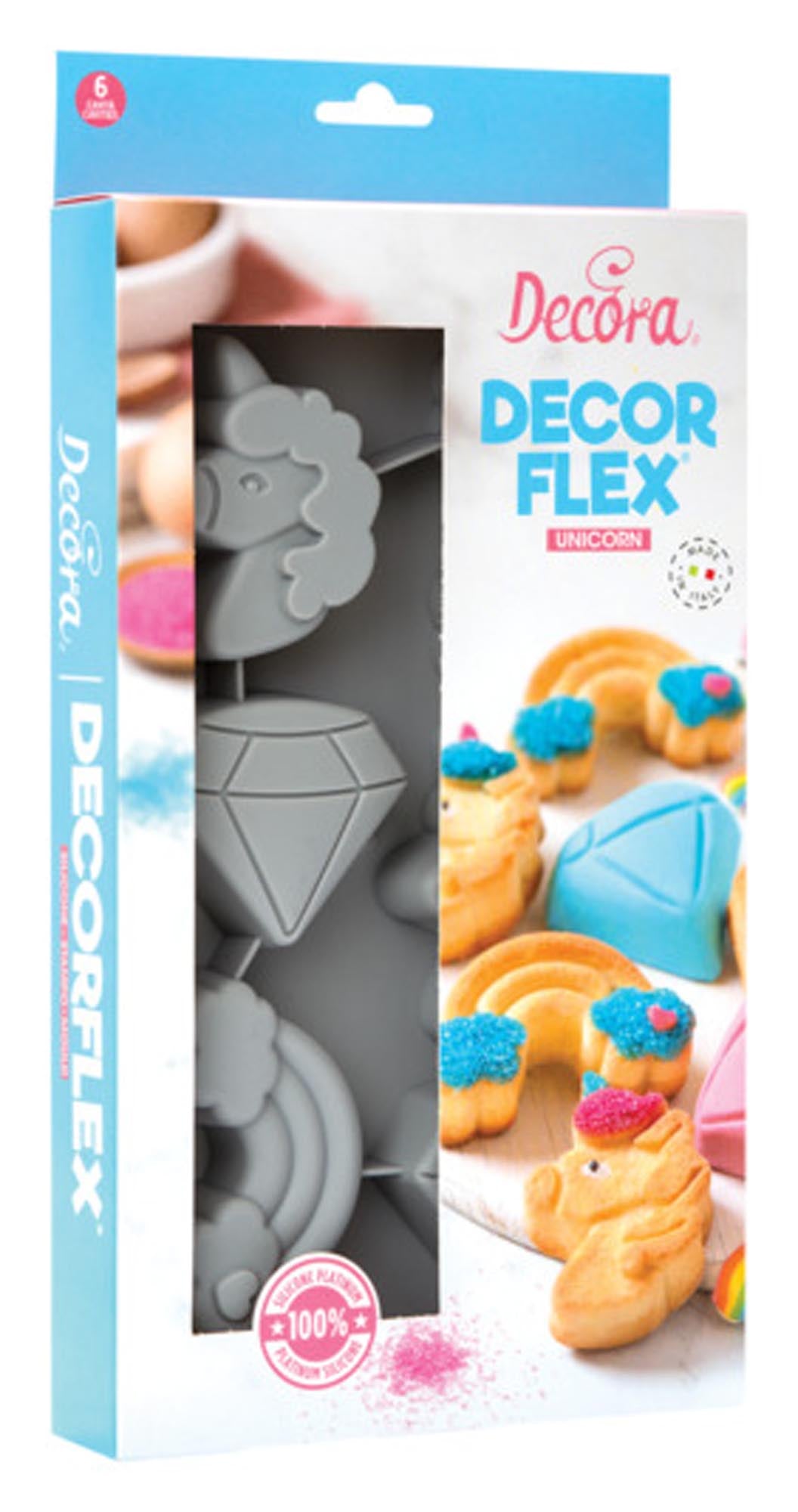 Entdecken Sie die DECORA Silikonbackform 6er Einhorn/Diamant/Regenbogen (30x17x3 cm) für kreative Backideen. Ideal für Kindergeburtstage und Themenpartys!