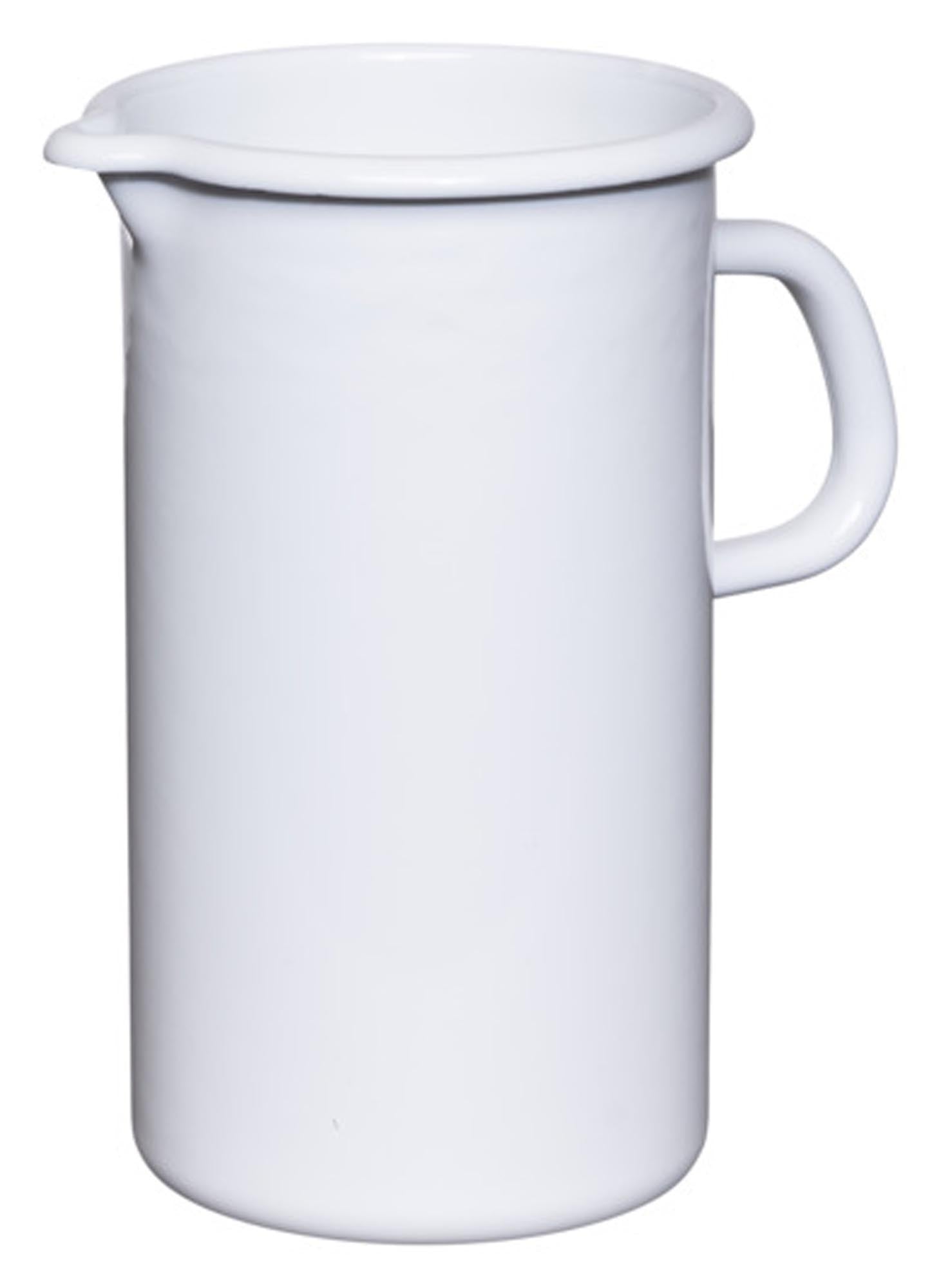 Stilvoller 2L Emailkrug von RIESS: robust, hitzebeständig, leicht zu reinigen, ideal für Milch & Kaffee. Zeitloses Design.