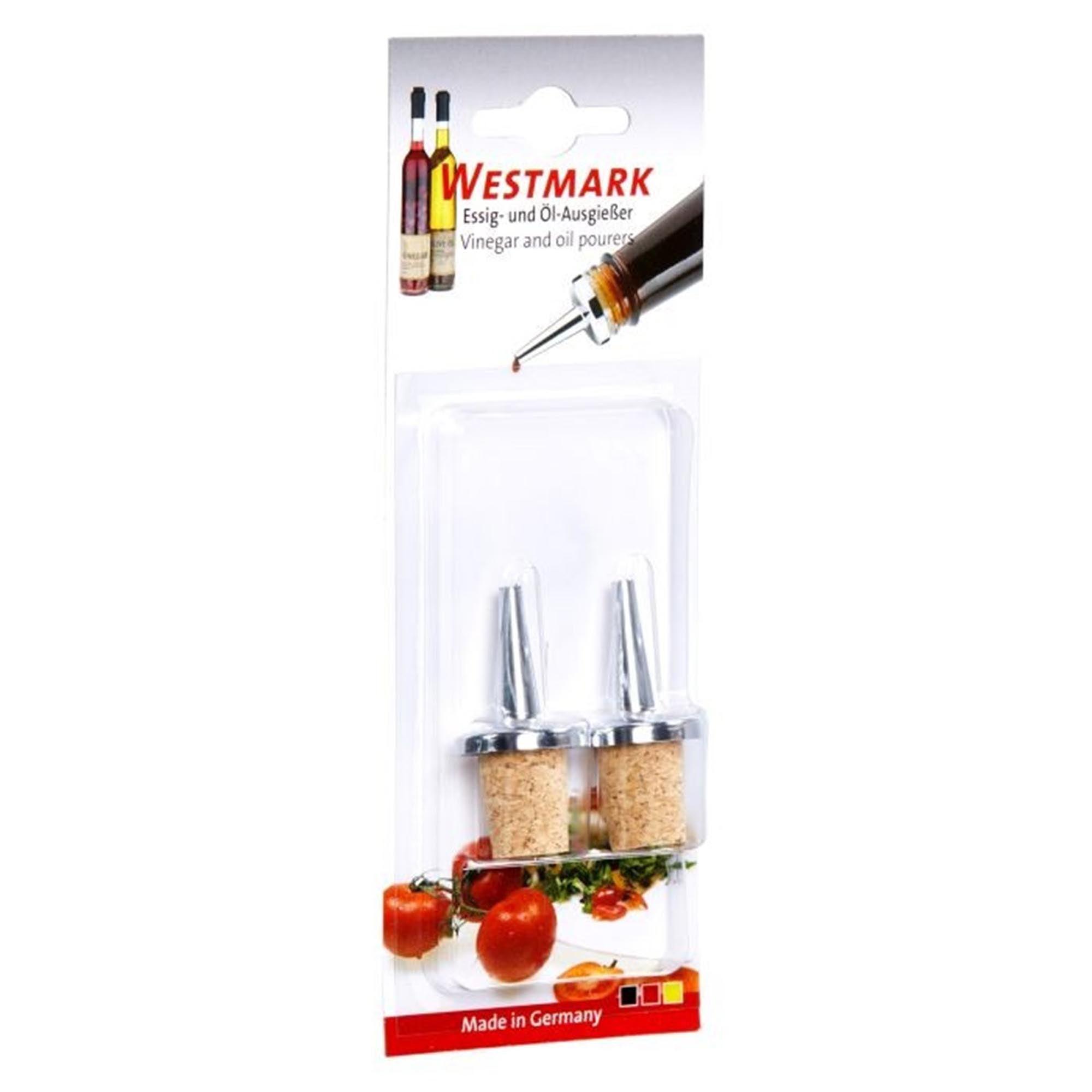 Set mit 2 verchromten Spritzkorken von Westmark, ideal für präzises Dosieren von Flüssigkeiten, auf Blisterverpackung.