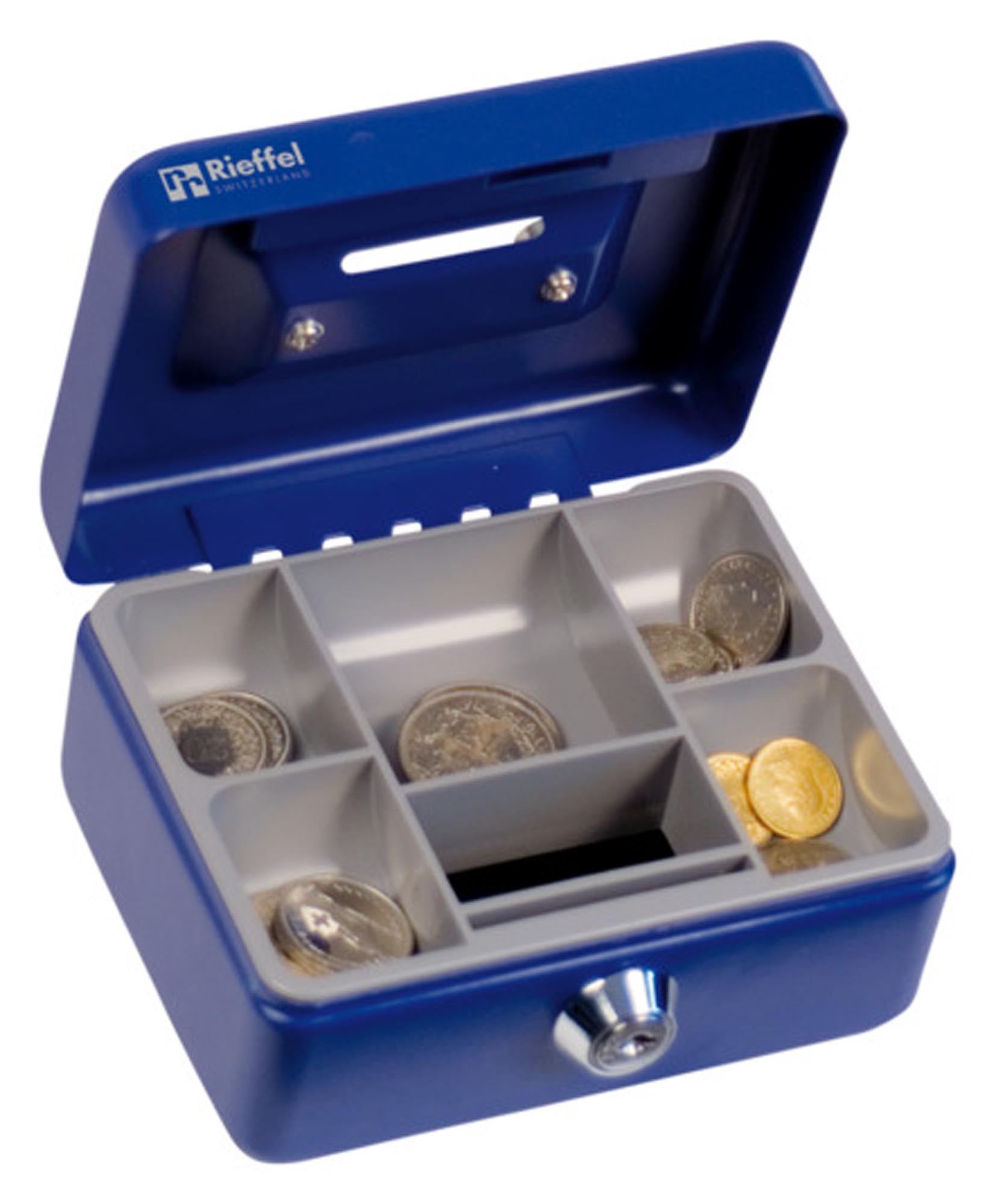 Sparbüchse KIKA mit Einwurfschlitz und Zylinderschloss 60x125x95 mm blau in  präsentiert im Onlineshop von KAQTU Design AG. Aufbewahrungsdose ist von RIEFFEL