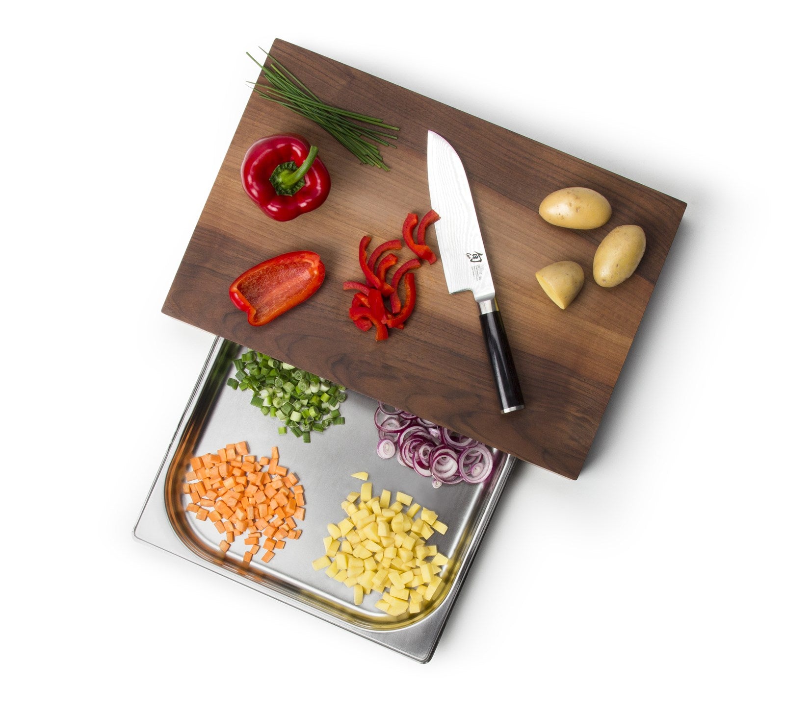 Hochwertiges Walnuss Schneidebrett mit integrierter Edelstahl Schublade – ideal für stilvolles Kochen und praktische Küchenorganisation.