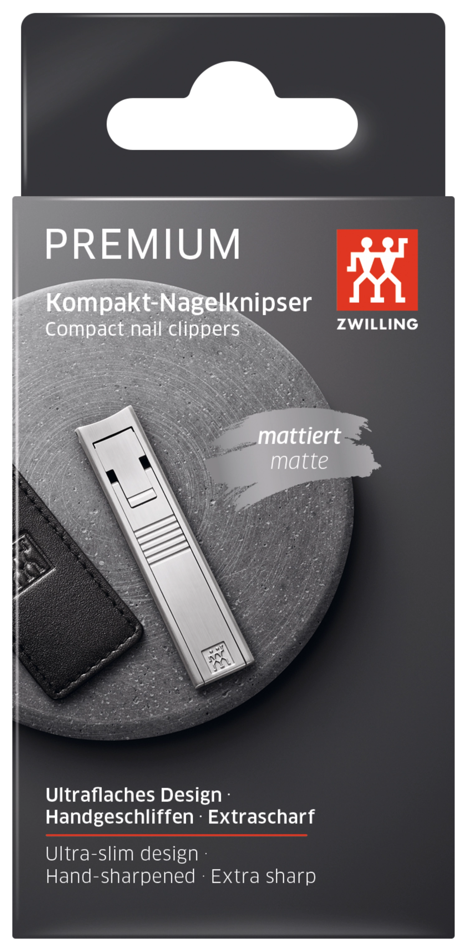 Eleganter TWIN S Nagelknipser von Zwilling Beauty, mattiert und in einem stilvollen Lederetui, ideal für die perfekte Nagelpflege, 60 mm.