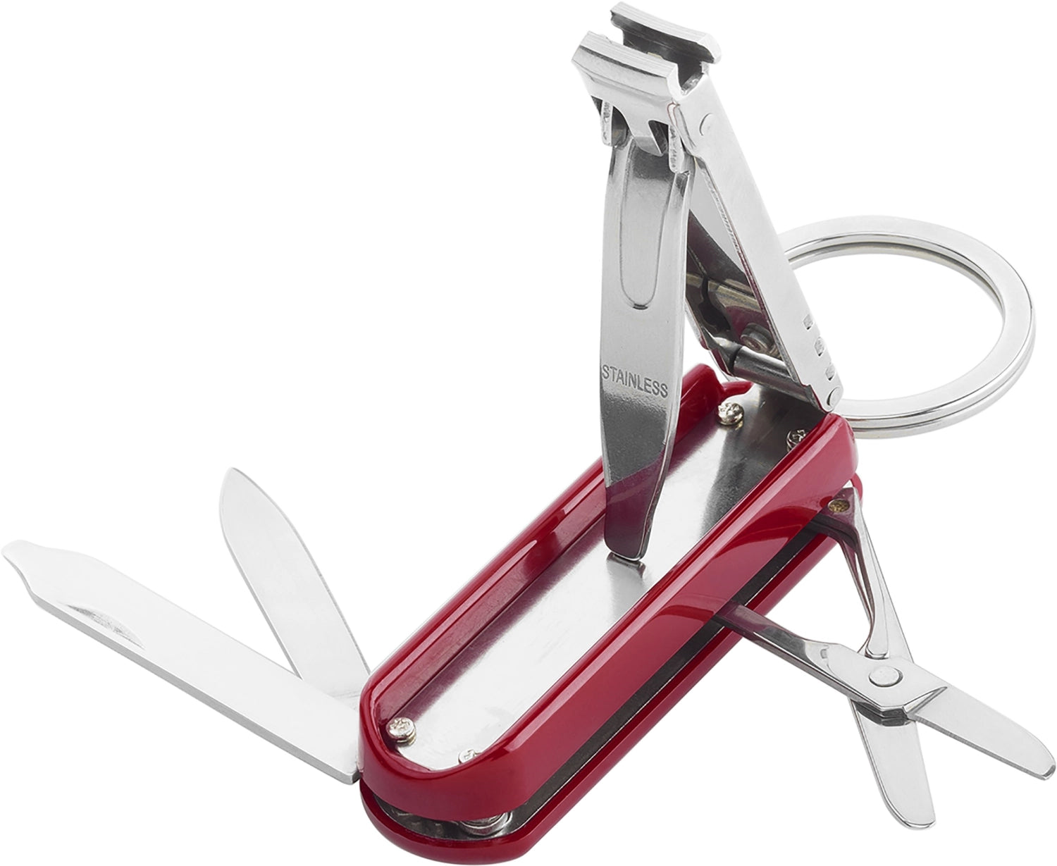 Kompaktes, rotes Multi-Tool (57 mm) mit Schlüsselanhänger, perfekt für die Pflege von Nägeln und Haut, ideal für unterwegs.