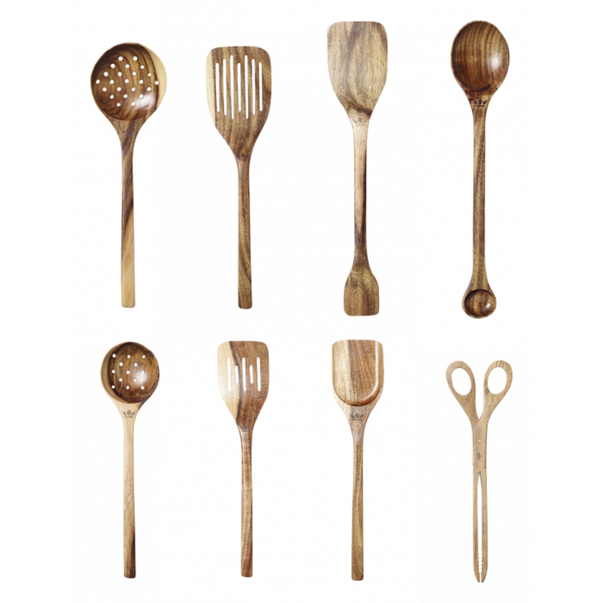 Elegantes 8-teiliges Holz-Utensilien-Set aus Akazienholz von DUTCHDELUXES – langlebig, ergonomisch und umweltfreundlich.