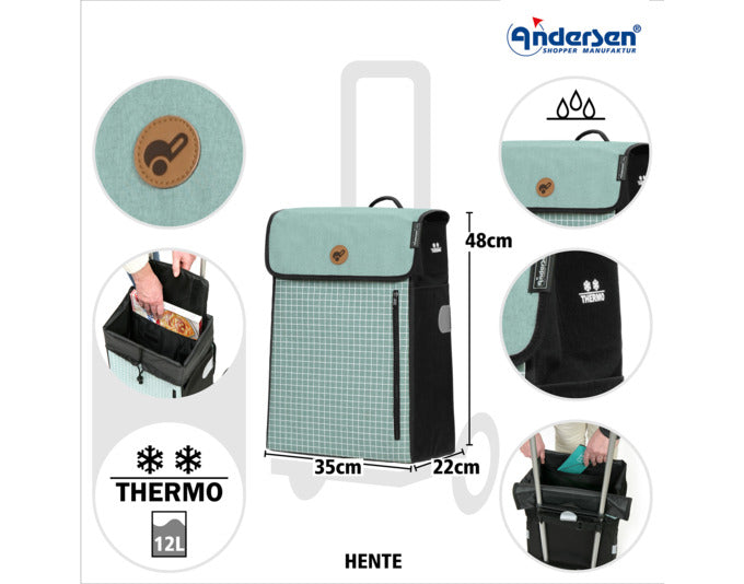 Entdecken Sie den eleganten ANDERSEN Einkaufswagen Scala Hente in Mint. Robustes Design, leise Räder und stilvolles Karo-Dessin für Ihren Einkauf.