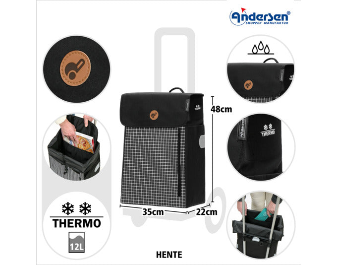 Entdecken Sie den eleganten ANDERSEN Einkaufswagen Scala Hente in Schwarz. Robustes Design, leise Räder und stilvolles Karo-Dessin für Ihren Einkauf.