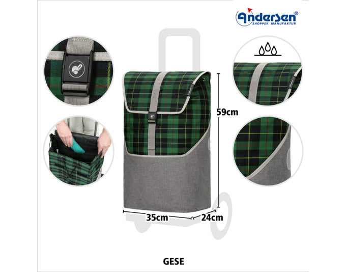 Eleganter ANDERSEN Einkaufswagen Alu Star Gese in Grün: Leicht, höhenverstellbar und stilvoll mit klassischem Karomuster. Ideal für den Alltag!