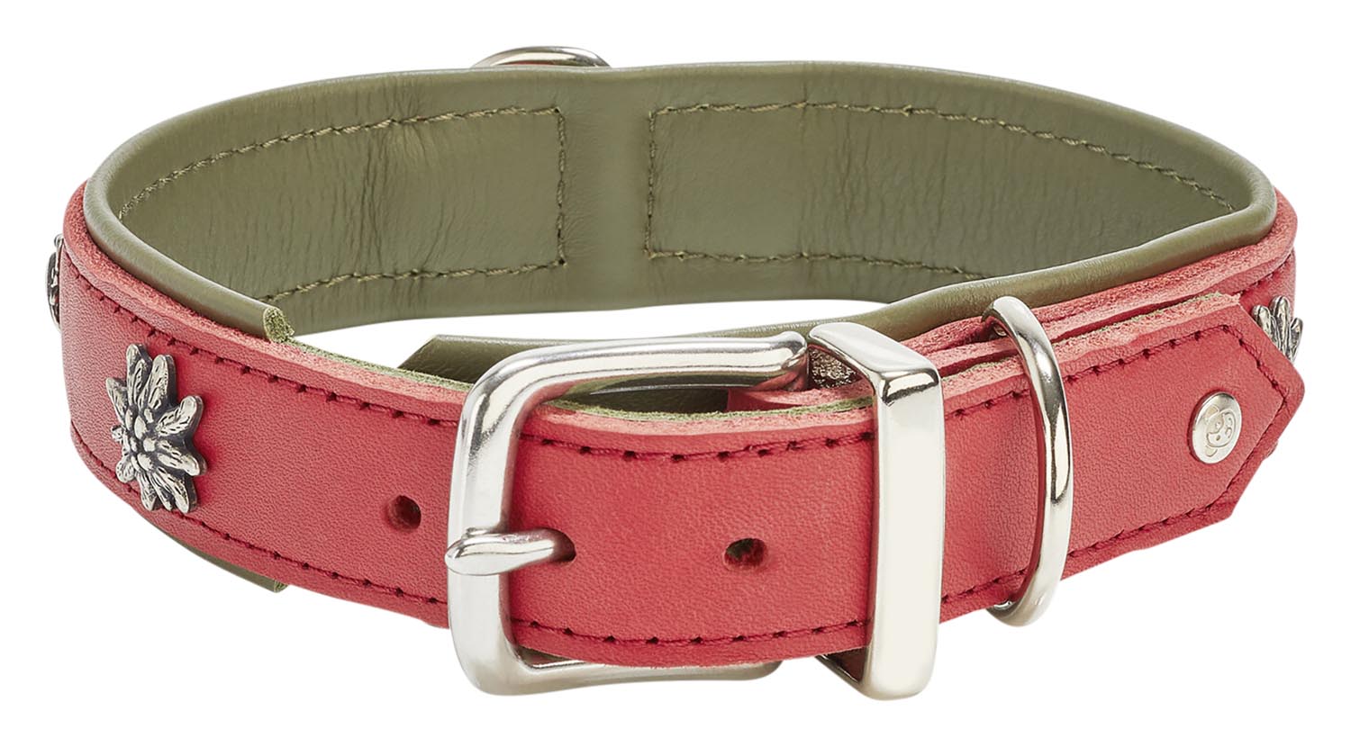 Entdecken Sie das luxuriöse LABONI Halsband Edelweiss rot-grün XL für große Hunde. Handgefertigt aus hochwertigem Leder, bietet es Stil, Komfort und eine robuste Schnalle.