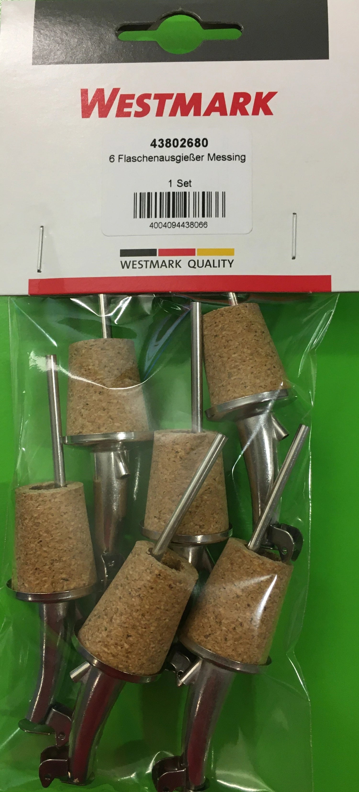 Set aus sechs Gastro-Ausgießern mit Kläppchen von Westmark, ideal für präzises Dosieren von Flüssigkeiten in Gastronomie und Haushalt.