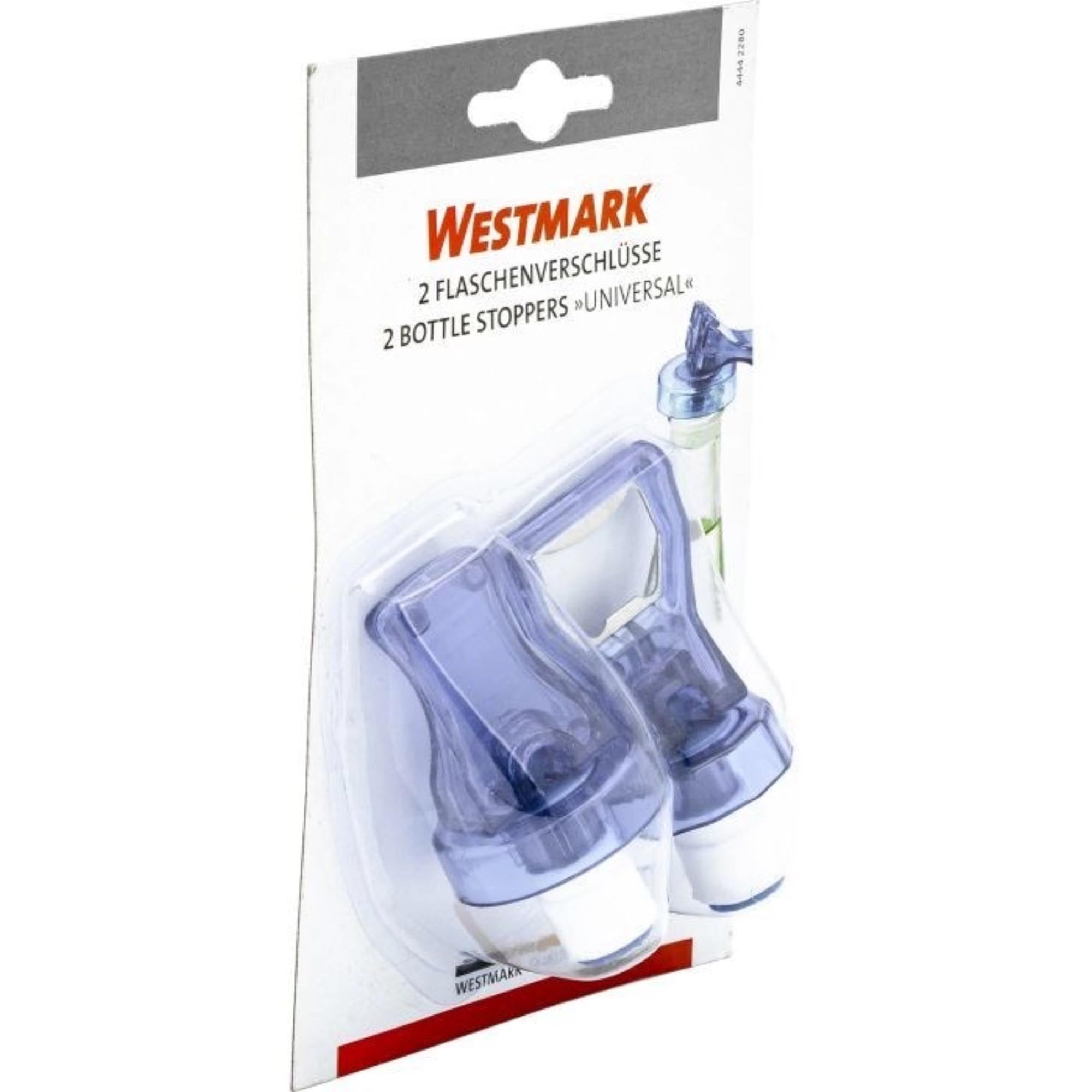 2er Set universelle Flaschenverschlüsse von Westmark, Masse 4x4x8cm, ideal für Wein- und Getränkeflaschen, praktisch und vielseitig.
