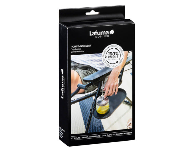 Praktischer Getränkehalter aus 100% recyceltem Kunststoff für LAFUMA Relaxliegen. Ideal für entspannte Momente im Freien.