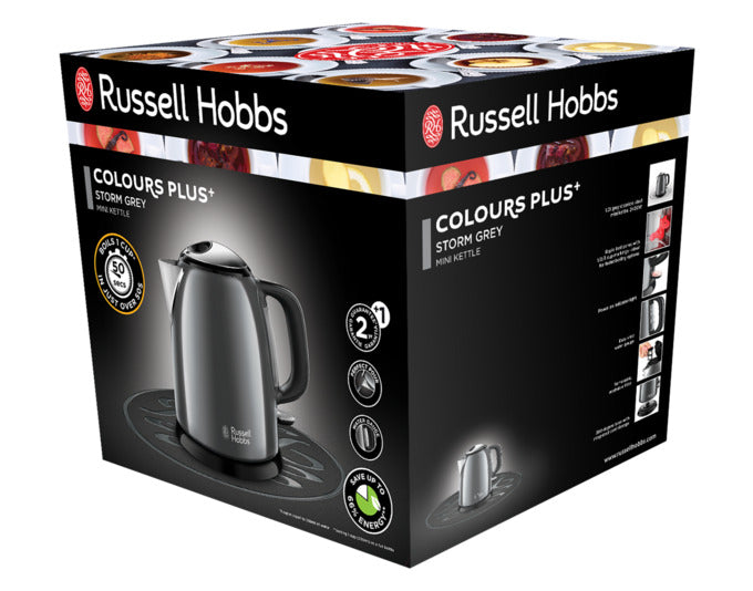 Entdecken Sie den kompakten RUSSEL HOBBS Wasserkocher 24993-70 Colours Plus Mini in storm grey. Ideal für kleine Haushalte, energieeffizient und mit tropfenfreier Ausgusstülle.