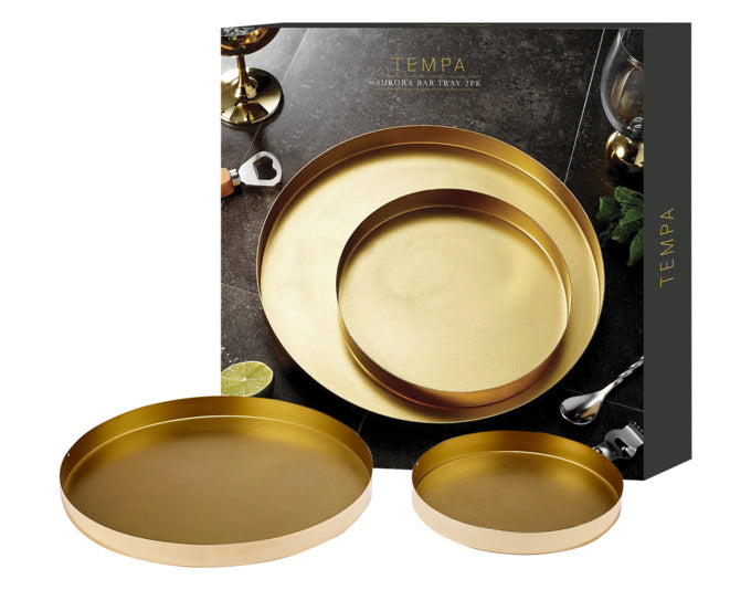 Entdecken Sie das elegante TEMPA Serviertablett 2er Set Aurora in Gold (ø 30/20 cm) – ideal zum Servieren und Dekorieren. Hochwertige Verarbeitung trifft auf stilvolles Design.