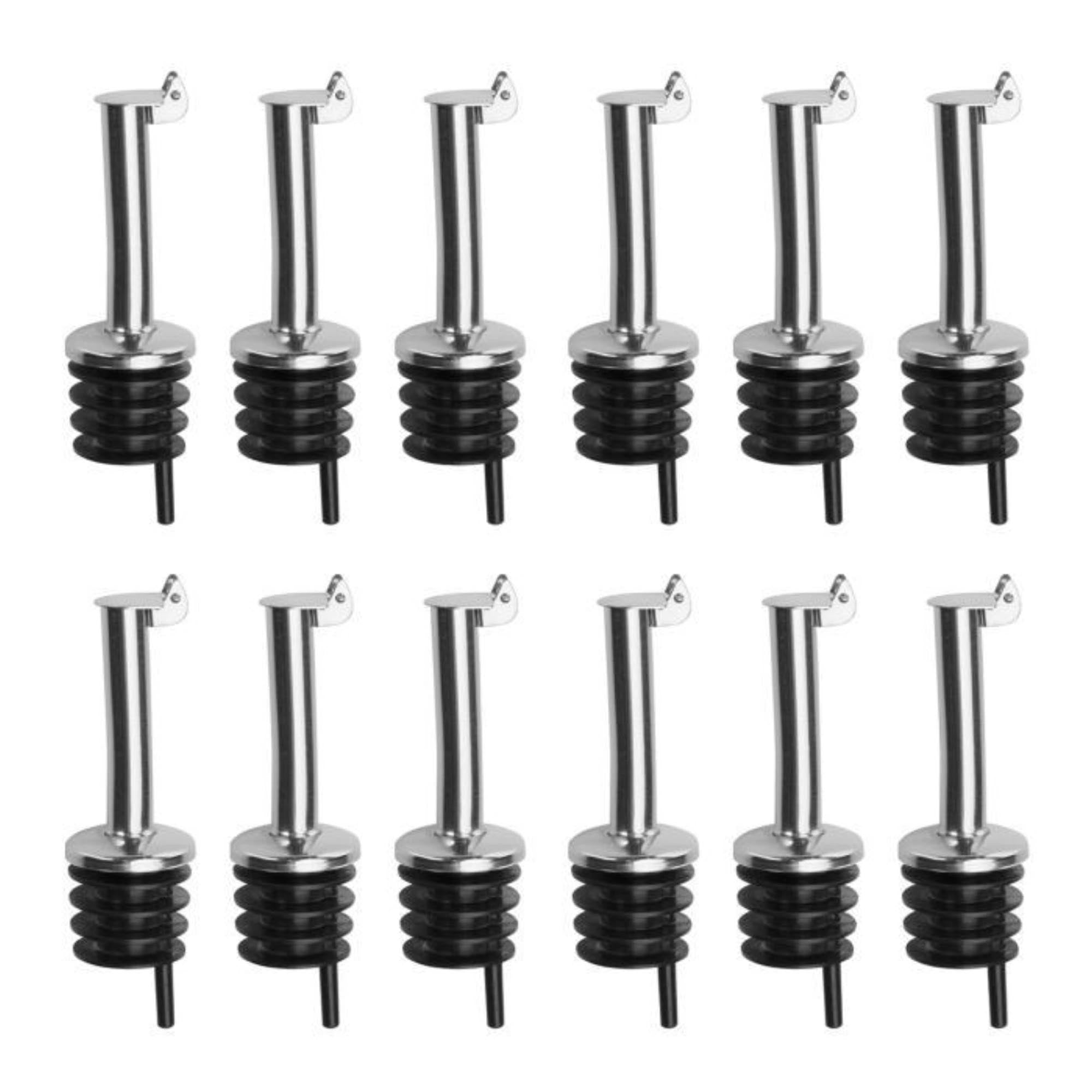 Eleganter Edelstahl-Flaschenausgiesser mit Klappdeckel und Korkverschluss, perfekt für sauberes und präzises Ausgiessen.